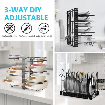 CARLA HOME Adjustable 8-Tier Pan Rack Pot Organizer for Kitchen Cabinet.
