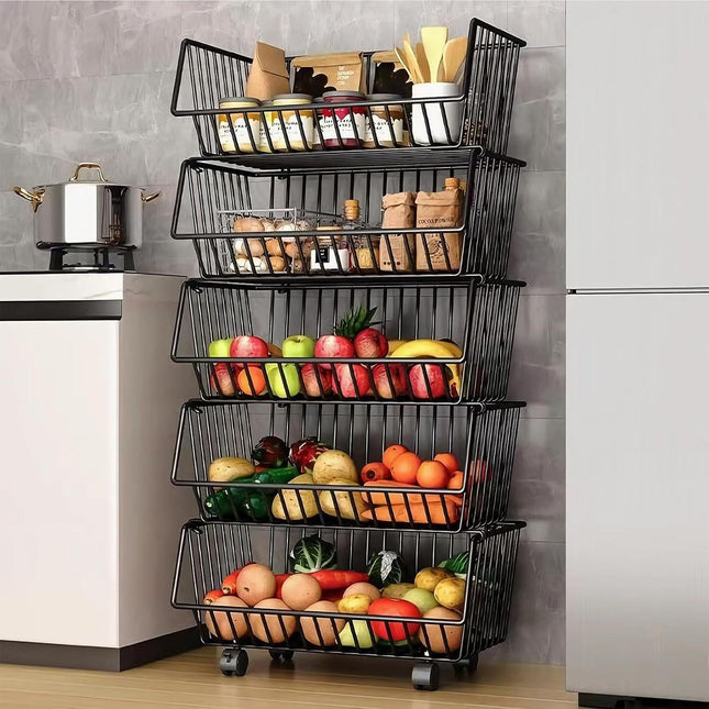 CARLA HOME Metal 5-Tier Rolling Vegetable and Fruit Basket Cart Stand for Kitchen.