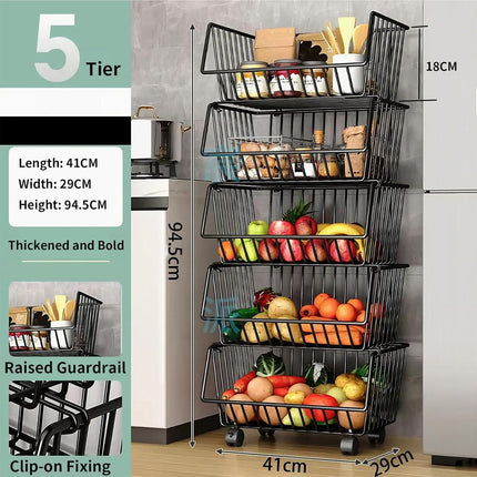 CARLA HOME Metal 5-Tier Rolling Vegetable and Fruit Basket Cart Stand for Kitchen.