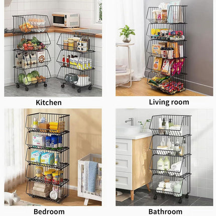 CARLA HOME Metal 5-Tier Rolling Vegetable and Fruit Basket Cart Stand for Kitchen.