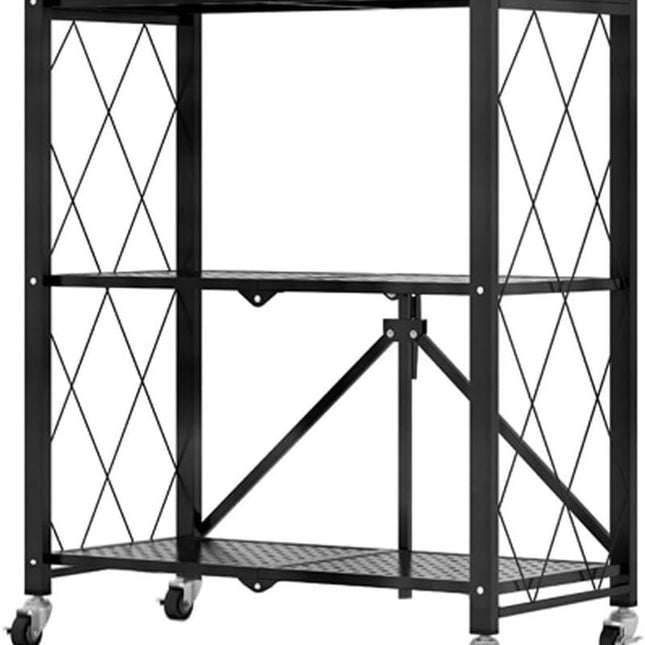 CARLA HOME 3-Tier Foldable Storage Shelf with Wheels for Kitchen, Garage, Pantry or Basement (Black).