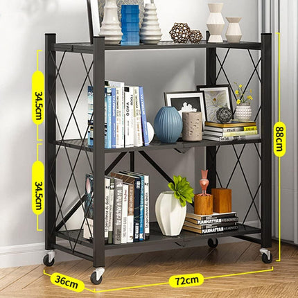 CARLA HOME 3-Tier Foldable Storage Shelf with Wheels for Kitchen, Garage, Pantry or Basement (Black).