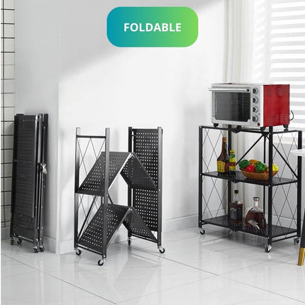 CARLA HOME 3-Tier Foldable Storage Shelf with Wheels for Kitchen, Garage, Pantry or Basement (Black).