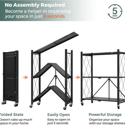 CARLA HOME 3-Tier Foldable Storage Shelf with Wheels for Kitchen, Garage, Pantry or Basement (Black).