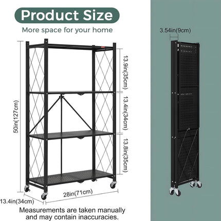 CARLA HOME 4-Tier Foldable Storage Shelf with Wheels for Kitchen, Garage, Pantry or Basement (Black).
