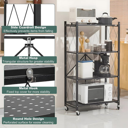 CARLA HOME 4-Tier Foldable Storage Shelf with Wheels for Kitchen, Garage, Pantry or Basement (Black).