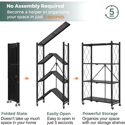 CARLA HOME 5-Tier Foldable Storage Shelf with Wheels for Kitchen, Garage, Pantry or Basement (Black).
