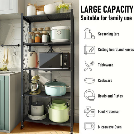 CARLA HOME 5-Tier Foldable Storage Shelf with Wheels for Kitchen, Garage, Pantry or Basement (Black).