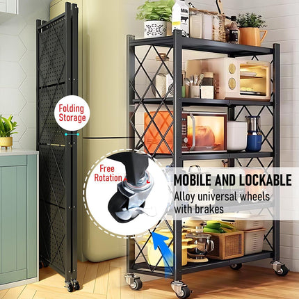 CARLA HOME 5-Tier Foldable Storage Shelf with Wheels for Kitchen, Garage, Pantry or Basement (Black).