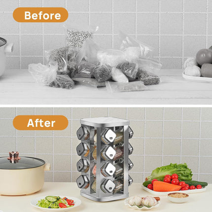 CARLA HOME Rotating Spice Rack Organizer with 20 Glass Jars for Kitchen Countertop.