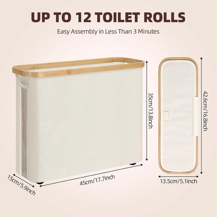 CARLA HOME Toilet Paper Storage Basket Holds Up to 12 Rolls with Bamboo Lid and Handle for RV Closet (White).