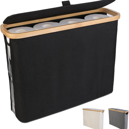 CARLA HOME Toilet Paper Storage Basket Holds Up to 12 Rolls with Bamboo Lid and Handle for RV Closet (Black).