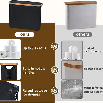 CARLA HOME Toilet Paper Storage Basket Holds Up to 12 Rolls with Bamboo Lid and Handle for RV Closet (Black).