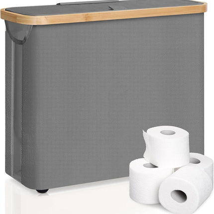 CARLA HOME Toilet Paper Storage Basket Holds Up to 12 Rolls with Bamboo Lid and Handle for RV Closet (Grey).