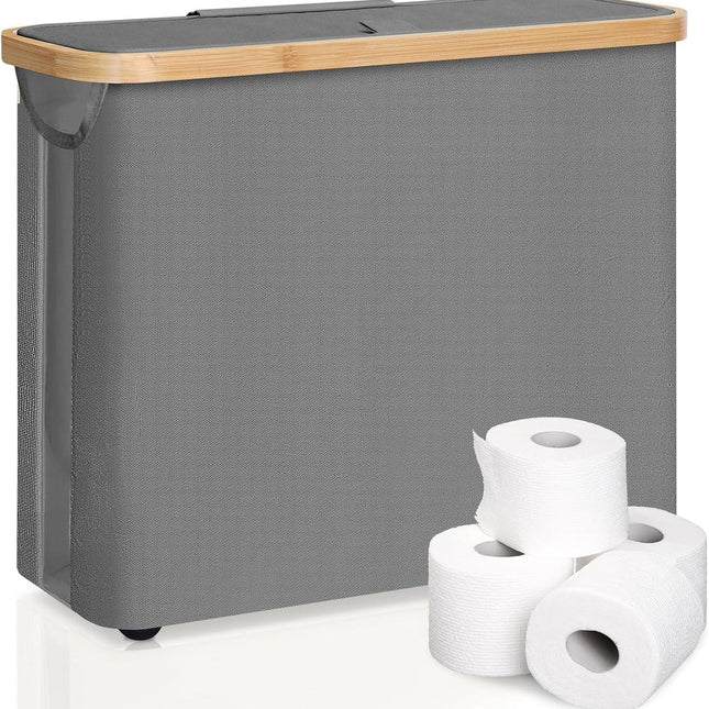 CARLA HOME Toilet Paper Storage Basket Holds Up to 12 Rolls with Bamboo Lid and Handle for RV Closet (Grey).