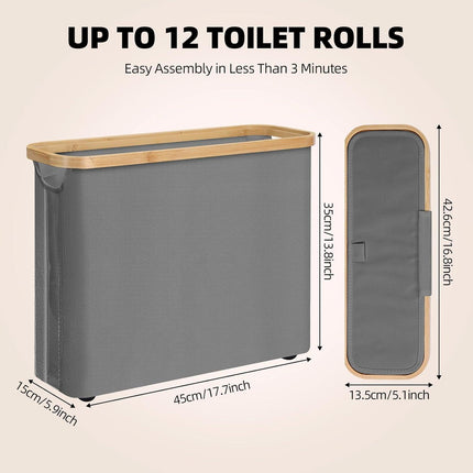 CARLA HOME Toilet Paper Storage Basket Holds Up to 12 Rolls with Bamboo Lid and Handle for RV Closet (Grey).