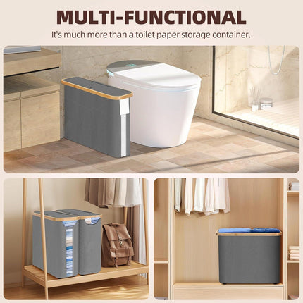 CARLA HOME Toilet Paper Storage Basket Holds Up to 12 Rolls with Bamboo Lid and Handle for RV Closet (Grey).