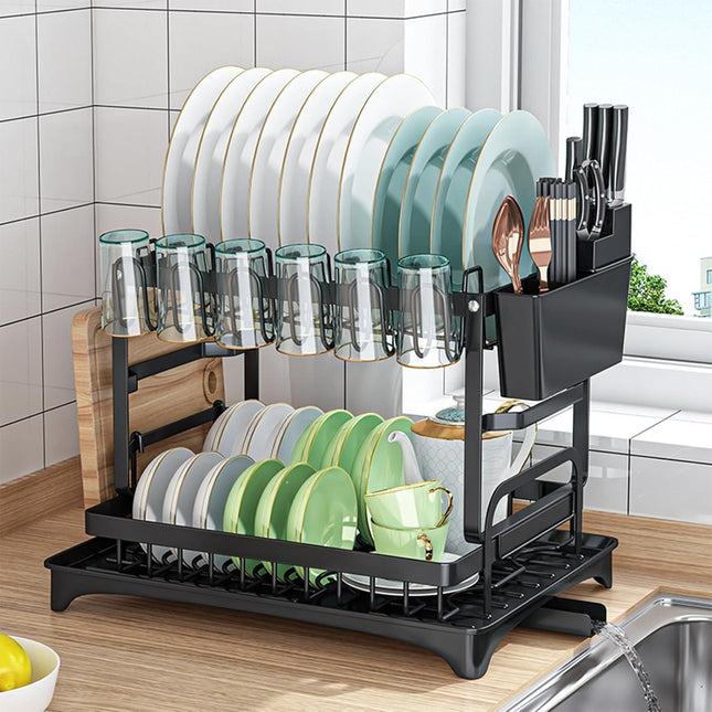 CARLA HOME 2-Tier Dish Drying Rack with Drainage Tray, Utensil Holder, Cup Hooks & Cutting Board Slot for Countertop Kitchen Storage (Black).