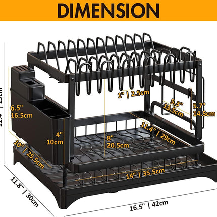 CARLA HOME 2-Tier Dish Drying Rack with Drainage Tray, Utensil Holder, Cup Hooks & Cutting Board Slot for Countertop Kitchen Storage (Black).