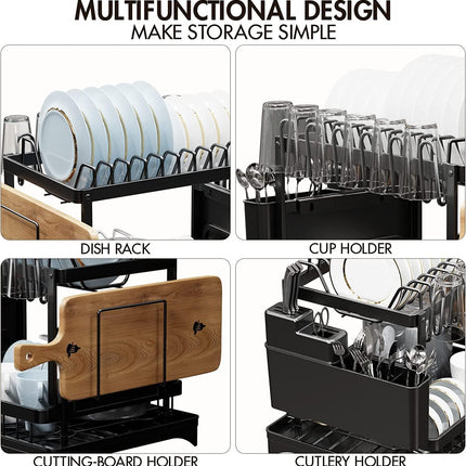 CARLA HOME 2-Tier Dish Drying Rack with Drainage Tray, Utensil Holder, Cup Hooks & Cutting Board Slot for Countertop Kitchen Storage (Black).