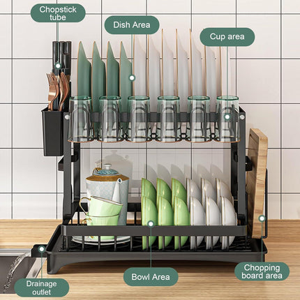 CARLA HOME 2-Tier Dish Drying Rack with Drainage Tray, Utensil Holder, Cup Hooks & Cutting Board Slot for Countertop Kitchen Storage (Black).
