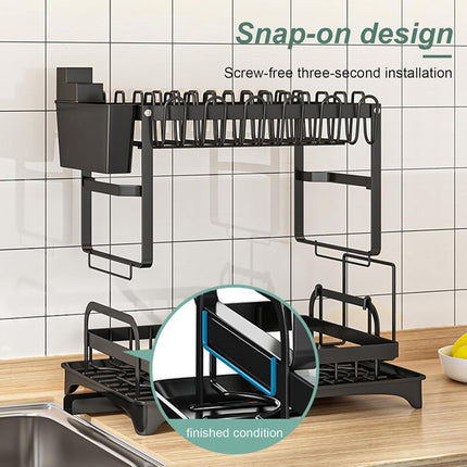 CARLA HOME 2-Tier Dish Drying Rack with Drainage Tray, Utensil Holder, Cup Hooks & Cutting Board Slot for Countertop Kitchen Storage (Black).