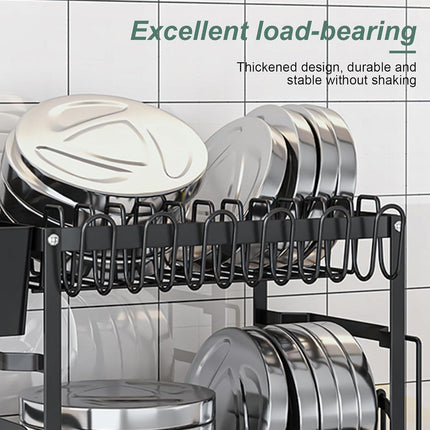 CARLA HOME 2-Tier Dish Drying Rack with Drainage Tray, Utensil Holder, Cup Hooks & Cutting Board Slot for Countertop Kitchen Storage (Black).