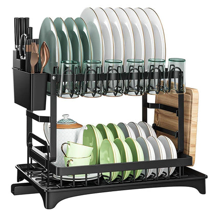 CARLA HOME 2-Tier Dish Drying Rack with Drainage Tray, Utensil Holder, Cup Hooks & Cutting Board Slot for Countertop Kitchen Storage (Black).