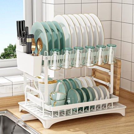 CARLA HOME 2-Tier Dish Drying Rack with Drainage Tray, Utensil Holder, Cup Hooks & Cutting Board Slot for Countertop Kitchen Storage (White).