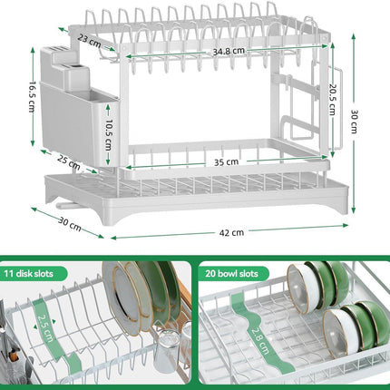 CARLA HOME 2-Tier Dish Drying Rack with Drainage Tray, Utensil Holder, Cup Hooks & Cutting Board Slot for Countertop Kitchen Storage (White).