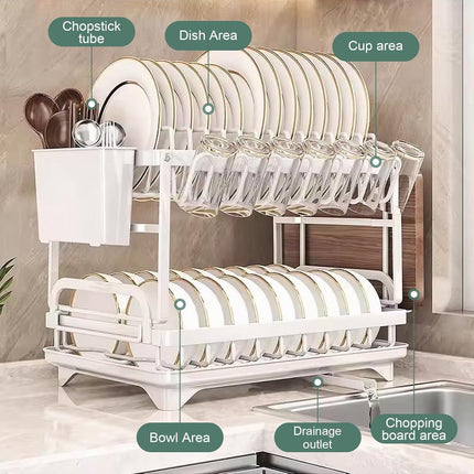 CARLA HOME 2-Tier Dish Drying Rack with Drainage Tray, Utensil Holder, Cup Hooks & Cutting Board Slot for Countertop Kitchen Storage (White).