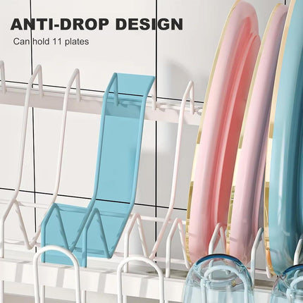 CARLA HOME 2-Tier Dish Drying Rack with Drainage Tray, Utensil Holder, Cup Hooks & Cutting Board Slot for Countertop Kitchen Storage (White).