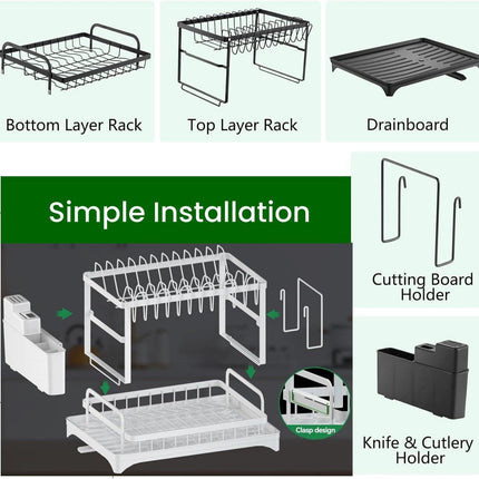 CARLA HOME 2-Tier Dish Drying Rack with Drainage Tray, Utensil Holder, Cup Hooks & Cutting Board Slot for Countertop Kitchen Storage (White).