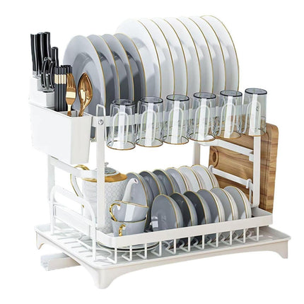 CARLA HOME 2-Tier Dish Drying Rack with Drainage Tray, Utensil Holder, Cup Hooks & Cutting Board Slot for Countertop Kitchen Storage (White).