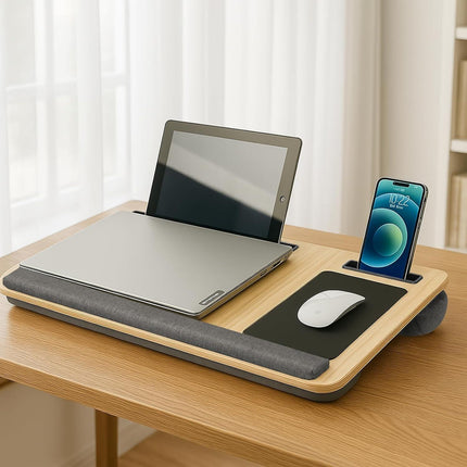 CARLA HOME Oversized Portable Lap Desk with Cushion,Mouse Pad, Tablet and Phone Holder which Fits Up to 17 Inch Laptops for Bed or Sofa (Brown).