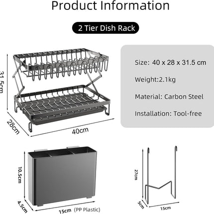 CARLA HOME 2-Tier Dish Drying Rack with Drainage Tray, Utensil Holder, Cup Hooks & Cutting Board Rack for Kitchen (Black).