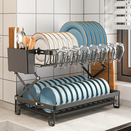 CARLA HOME 2-Tier Dish Drying Rack with Drainage Tray, Utensil Holder, Cup Hooks & Cutting Board Rack for Kitchen (Black).