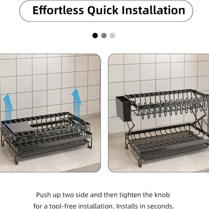 CARLA HOME 2-Tier Dish Drying Rack with Drainage Tray, Utensil Holder, Cup Hooks & Cutting Board Rack for Kitchen (Black).