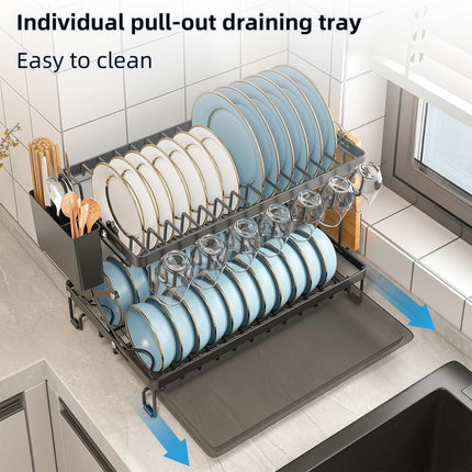 CARLA HOME 2-Tier Dish Drying Rack with Drainage Tray, Utensil Holder, Cup Hooks & Cutting Board Rack for Kitchen (Black).