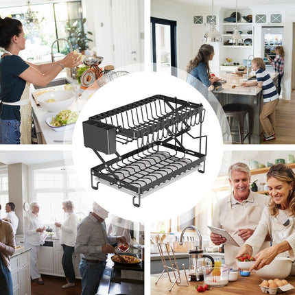 CARLA HOME 2-Tier Dish Drying Rack with Drainage Tray, Utensil Holder, Cup Hooks & Cutting Board Rack for Kitchen (Black).