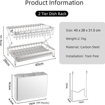 CARLA HOME 2-Tier Dish Drying Rack with Drainage Tray, Utensil Holder, Cup Hooks & Cutting Board Rack for Kitchen (White).