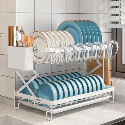 CARLA HOME 2-Tier Dish Drying Rack with Drainage Tray, Utensil Holder, Cup Hooks & Cutting Board Rack for Kitchen (White).