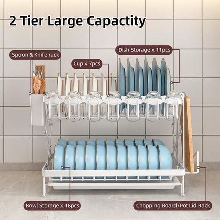 CARLA HOME 2-Tier Dish Drying Rack with Drainage Tray, Utensil Holder, Cup Hooks & Cutting Board Rack for Kitchen (White).