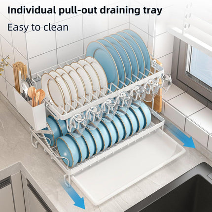 CARLA HOME 2-Tier Dish Drying Rack with Drainage Tray, Utensil Holder, Cup Hooks & Cutting Board Rack for Kitchen (White).