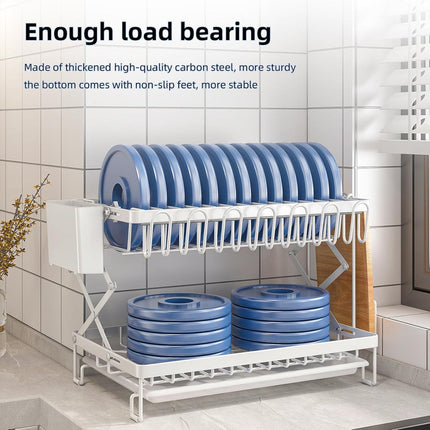 CARLA HOME 2-Tier Dish Drying Rack with Drainage Tray, Utensil Holder, Cup Hooks & Cutting Board Rack for Kitchen (White).