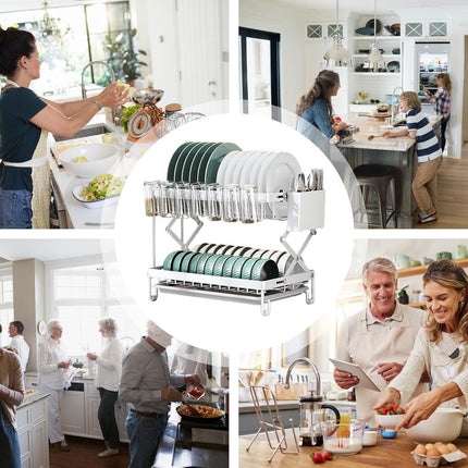 CARLA HOME 2-Tier Dish Drying Rack with Drainage Tray, Utensil Holder, Cup Hooks & Cutting Board Rack for Kitchen (White).