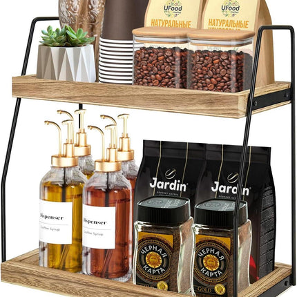 CARLA HOME 2-Tier Wooden Coffee Station Rack Organizer for Coffee Bar, Condiments, Syrups, Storage Jars & Spice Storage Shelf.