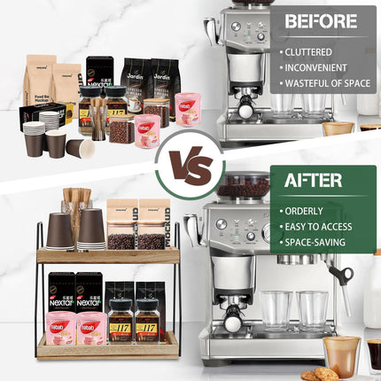 CARLA HOME 2-Tier Wooden Coffee Station Rack Organizer for Coffee Bar, Condiments, Syrups, Storage Jars & Spice Storage Shelf.