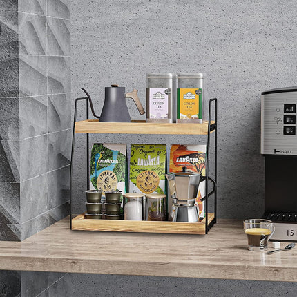 CARLA HOME 2-Tier Wooden Coffee Station Rack Organizer for Coffee Bar, Condiments, Syrups, Storage Jars & Spice Storage Shelf.