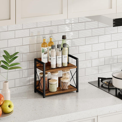 CARLA HOME 2-Tier Countertop Shelf Organizer Rustic Wood Kitchen Spice Rack for Storage, Condiments & Cabinet Organization.